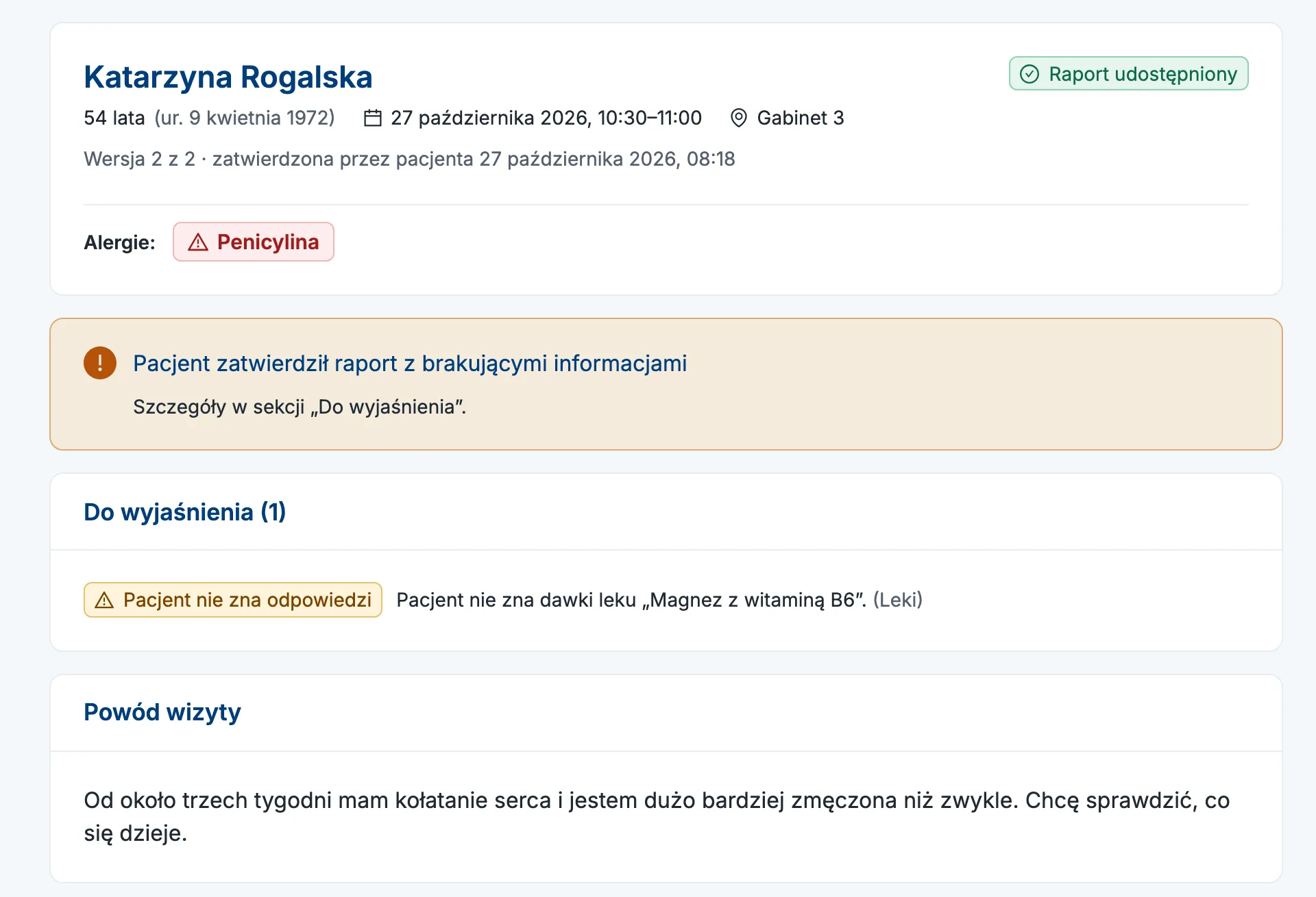 Panel lekarza: raport przed wizytą pacjentki z alergią na penicylinę, alertem o brakujących informacjach i powodem wizyty