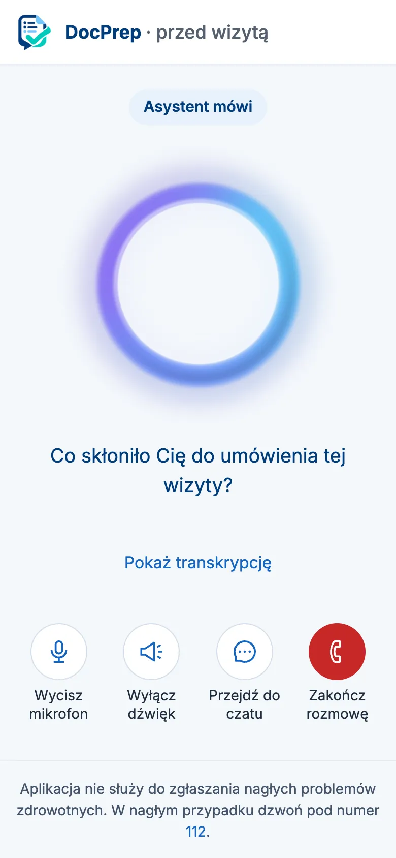 Aplikacja pacjenta podczas rozmowy głosowej: asystent pyta, co skłoniło pacjentkę do umówienia wizyty