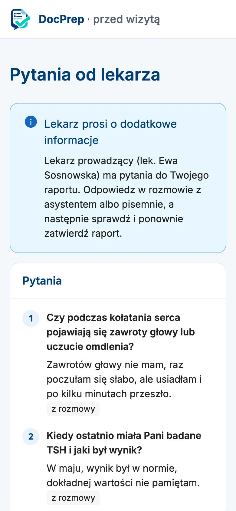 Aplikacja pacjenta: odpowiedzi na pytania lekarza przygotowane z rozmowy