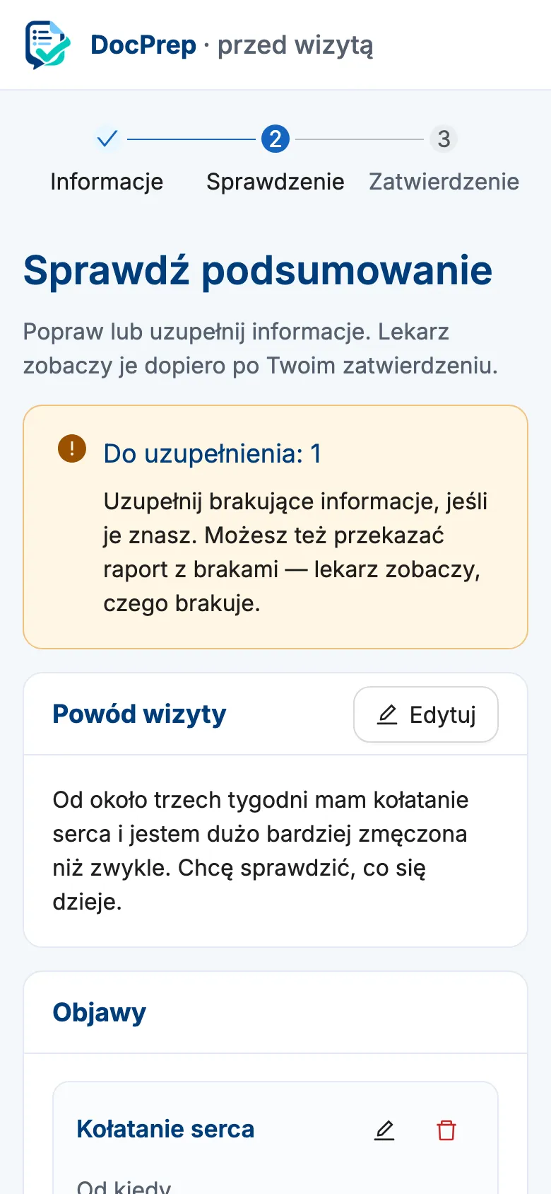 Sprawdzanie podsumowania: kroki, liczba informacji do uzupełnienia i powód wizyty