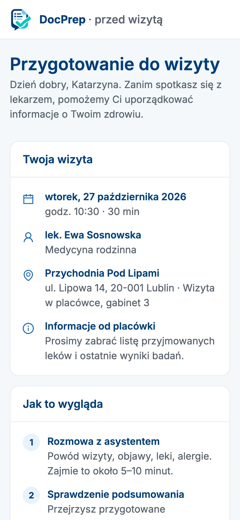 Ekran startowy aplikacji pacjenta z powitaniem i kartą wizyty