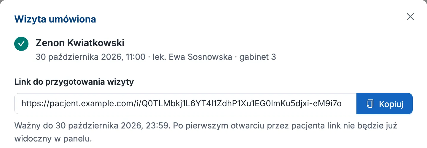 Okno „Wizyta umówiona” w panelu rejestracji z linkiem do przygotowania wizyty i datą ważności