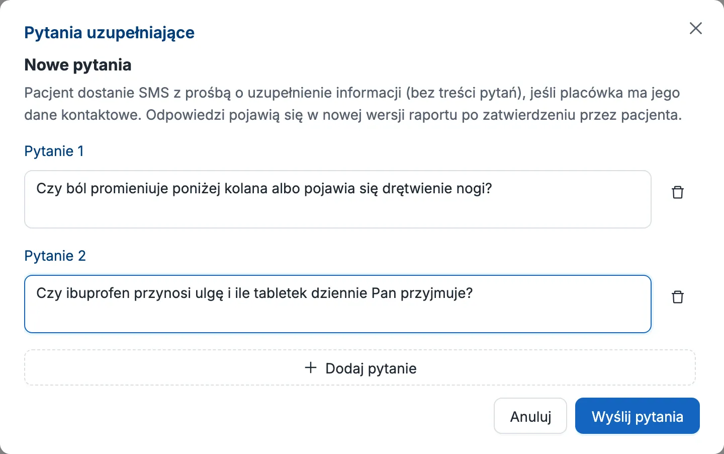 Okno „Pytania uzupełniające” w panelu lekarza z dwoma pytaniami do pacjenta